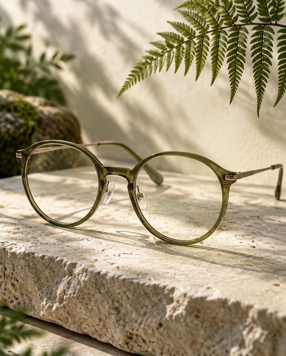 Montura verde con lentes transparentes sobre piedra, junto a hojas de helecho